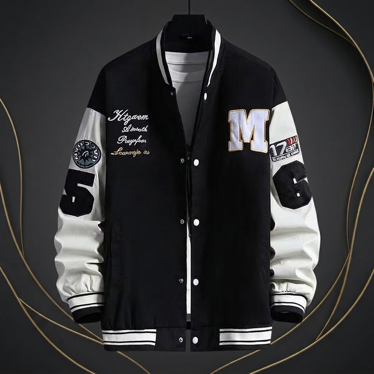 Black letterman baseball jacket, front view, charcoal and gold background